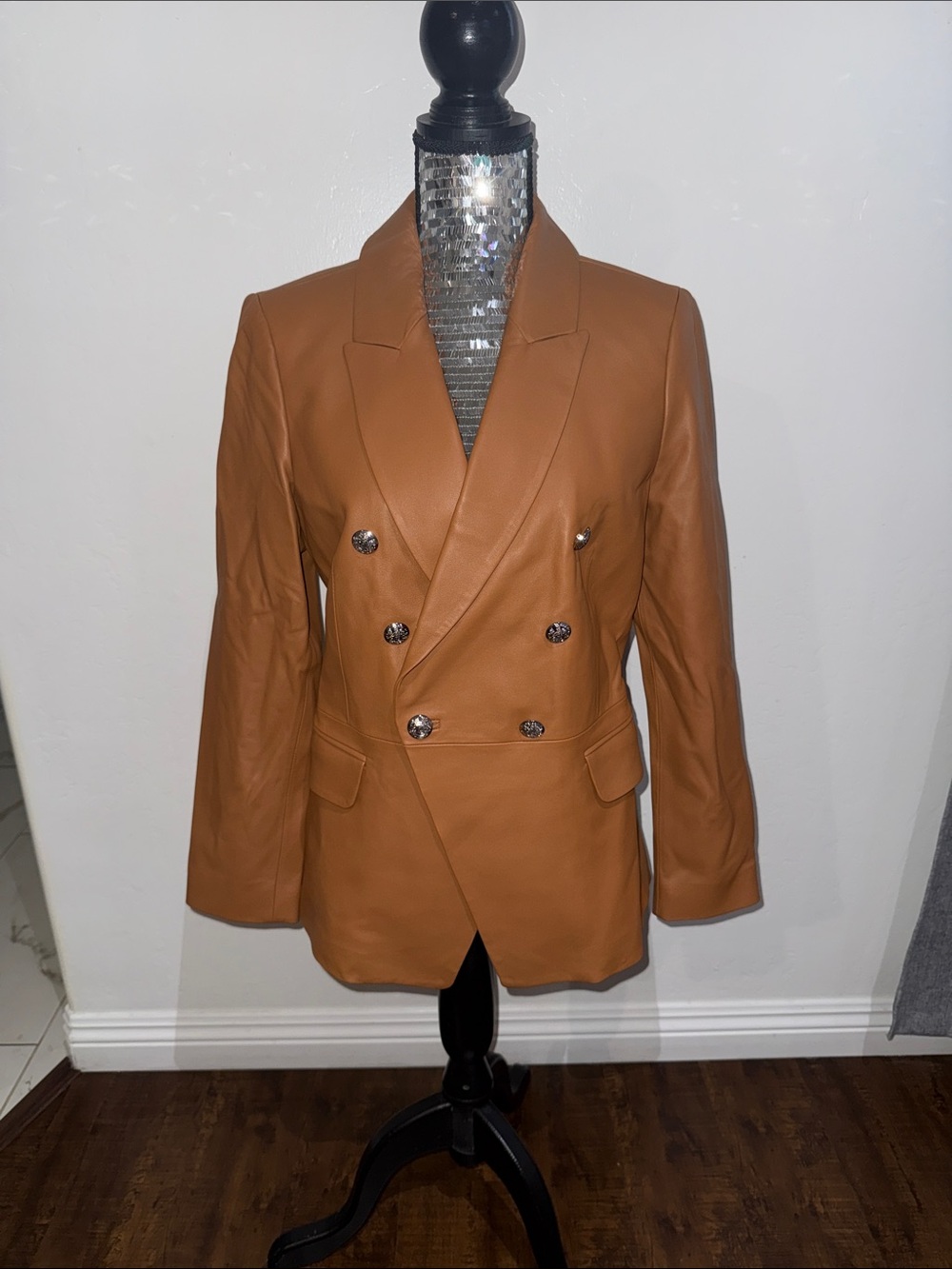 White House Black Market Double-Breasted Leather Blazer in Camel